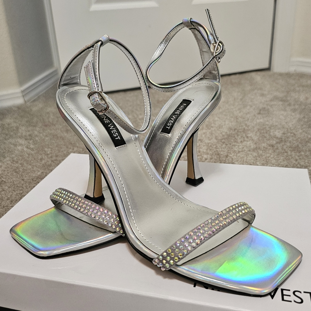 Iridescent Silver Rhinestone Ankle Sandals, Size 8